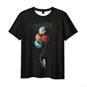 Мужская футболка 3D с принтом Космонавт с шариками в Курске, 100% полиэфир | прямой крой, круглый вырез горловины, длина до линии бедер | cat | elon | galaxy | mars | moon | musk | nasa | space | spacex | вселенная | галактика | звезды | илон | космонавт | космос | луна | марс | маск | наса | скафандр