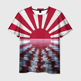 Мужская футболка 3D с принтом Флаг Восходящего Солнца в Курске, 100% полиэфир | прямой крой, круглый вырез горловины, длина до линии бедер | Тематика изображения на принте: japan | боевое | вода | военное | восход | восходящее | закат | знамя | море | океан | рябь | солнце | япония