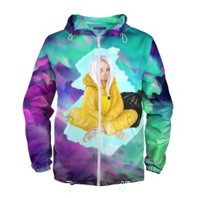 Мужская ветровка 3D с принтом BILLIE EILISH в Курске, 100% полиэстер | подол и капюшон оформлены резинкой с фиксаторами, два кармана без застежек по бокам, один потайной карман на груди | Тематика изображения на принте: bad guy | billie | eilish | ocean eyes | айлиш | билли | девушка | певица | эйлиш