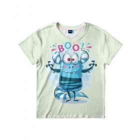 Детская футболка 3D с принтом BOO в Курске, 100% гипоаллергенный полиэфир | прямой крой, круглый вырез горловины, длина до линии бедер, чуть спущенное плечо, ткань немного тянется | Тематика изображения на принте: bright | cute monsters | fun | funny | веселый | милый монстрик | прикольный | яркий забавный