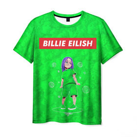 Мужская футболка 3D с принтом BILLIE EILISH GREEN в Курске, 100% полиэфир | прямой крой, круглый вырез горловины, длина до линии бедер | Тематика изображения на принте: bad guy | billie | eilish | ocean eyes | айлиш | билли | девушка | певица | эйлиш