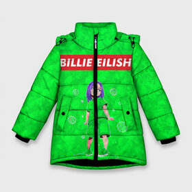 Зимняя куртка для девочек 3D с принтом BILLIE EILISH GREEN в Курске, ткань верха — 100% полиэстер; подклад — 100% полиэстер, утеплитель — 100% полиэстер. | длина ниже бедра, удлиненная спинка, воротник стойка и отстегивающийся капюшон. Есть боковые карманы с листочкой на кнопках, утяжки по низу изделия и внутренний карман на молнии. 

Предусмотрены светоотражающий принт на спинке, радужный светоотражающий элемент на пуллере молнии и на резинке для утяжки. | bad guy | billie | eilish | ocean eyes | айлиш | билли | девушка | певица | эйлиш