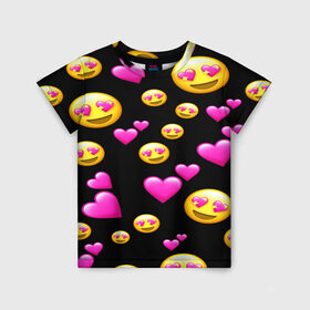 Детская футболка 3D с принтом ВЛЮБЛЕННЫЕ СМАЙЛИКИ в Курске, 100% гипоаллергенный полиэфир | прямой крой, круглый вырез горловины, длина до линии бедер, чуть спущенное плечо, ткань немного тянется | emoji | настроение | позитив | смайлики | смайлы | стикеры | текстура смайл | улыбки | фон смайл | эмодзи