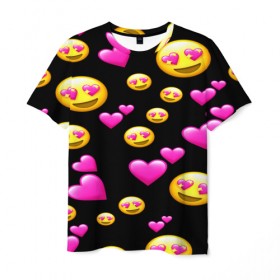 Мужская футболка 3D с принтом ВЛЮБЛЕННЫЕ СМАЙЛИКИ в Курске, 100% полиэфир | прямой крой, круглый вырез горловины, длина до линии бедер | emoji | настроение | позитив | смайлики | смайлы | стикеры | текстура смайл | улыбки | фон смайл | эмодзи