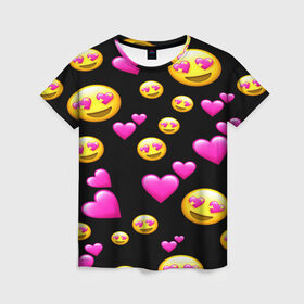 Женская футболка 3D с принтом ВЛЮБЛЕННЫЕ СМАЙЛИКИ в Курске, 100% полиэфир ( синтетическое хлопкоподобное полотно) | прямой крой, круглый вырез горловины, длина до линии бедер | emoji | настроение | позитив | смайлики | смайлы | стикеры | текстура смайл | улыбки | фон смайл | эмодзи