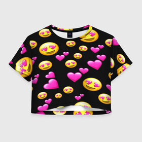 Женская футболка Cropp-top с принтом ВЛЮБЛЕННЫЕ СМАЙЛИКИ в Курске, 100% полиэстер | круглая горловина, длина футболки до линии талии, рукава с отворотами | emoji | настроение | позитив | смайлики | смайлы | стикеры | текстура смайл | улыбки | фон смайл | эмодзи