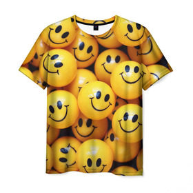 Мужская футболка 3D с принтом ЖЕЛТЫЕ СМАЙЛИКИ в Курске, 100% полиэфир | прямой крой, круглый вырез горловины, длина до линии бедер | Тематика изображения на принте: emoji | настроение | позитив | смайлики | смайлы | стикеры | текстура смайл | улыбки | фон смайл | эмодзи