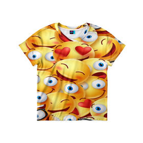 Детская футболка 3D с принтом emoji в Курске, 100% гипоаллергенный полиэфир | прямой крой, круглый вырез горловины, длина до линии бедер, чуть спущенное плечо, ткань немного тянется | emoji | настроение | позитив | смайлики | смайлы | стикеры | текстура смайл | улыбки | фон смайл | эмодзи