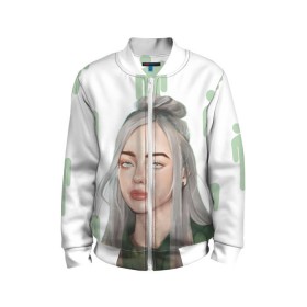 Детский бомбер 3D с принтом BILLIE EILISH в Курске, 100% полиэстер | застегивается на молнию, по бокам два кармана без застежек, мягкие манжеты, по низу бомбера и на воротнике — эластичная резинка | Тематика изображения на принте: bad guy | billie | eilish | ocean eyes | айлиш | билли | девушка | певица | эйлиш