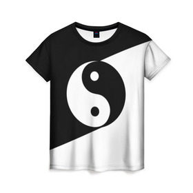 Женская футболка 3D с принтом Инь - янь (#1) в Курске, 100% полиэфир ( синтетическое хлопкоподобное полотно) | прямой крой, круглый вырез горловины, длина до линии бедер | black | signs | white. | ying   yang | белый | знаки | инь   янь | чёрный