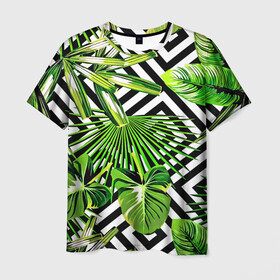 Мужская футболка 3D с принтом TROPIC TEXTURE в Курске, 100% полиэфир | прямой крой, круглый вырез горловины, длина до линии бедер | bright | colorful | neon | retro | vintage | винтаж | неон | неоновые | пальмы | ретро | ретро неон | тропики | тропические листья