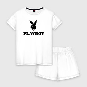 Женская пижама с шортиками хлопок с принтом Playboy в Курске, 100% хлопок | футболка прямого кроя, шорты свободные с широкой мягкой резинкой | brazzers | cекс | merch | new sensations | playboy | private | tushy | бразерс | мерч | плейбой