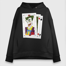 Женское худи Oversize хлопок с принтом Joker cards в Курске, френч-терри — 70% хлопок, 30% полиэстер. Мягкий теплый начес внутри —100% хлопок | боковые карманы, эластичные манжеты и нижняя кромка, капюшон на магнитной кнопке | batman | dc | dc джокер | detective comics | harley | joker | shtatjoker | the joker | бетмен | джокер | злодей | харли