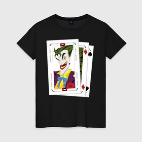 Женская футболка хлопок с принтом  Joker cards в Курске, 100% хлопок | прямой крой, круглый вырез горловины, длина до линии бедер, слегка спущенное плечо | batman | dc | dc джокер | detective comics | harley | joker | shtatjoker | the joker | бетмен | джокер | злодей | харли
