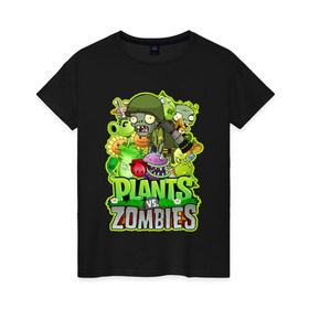 Женская футболка хлопок с принтом PLANTS VS ZOMBIES в Курске, 100% хлопок | прямой крой, круглый вырез горловины, длина до линии бедер, слегка спущенное плечо | plants and zombies | plants vs zombies | зомби | игры | растения | растения против зомби