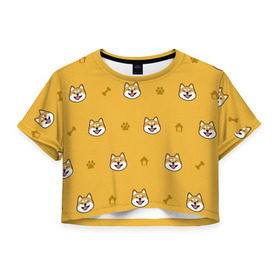 Женская футболка Cropp-top с принтом Сиба-ину. Акита-ину. (Жёлтая) в Курске, 100% полиэстер | круглая горловина, длина футболки до линии талии, рукава с отворотами | сиба ину
