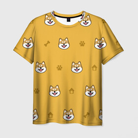 Мужская футболка 3D с принтом Сиба-ину. Акита-ину. (Жёлтая)  в Курске, 100% полиэфир | прямой крой, круглый вырез горловины, длина до линии бедер | сиба ину