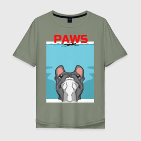 Мужская футболка хлопок Oversize с принтом PAWS в Курске, 100% хлопок | свободный крой, круглый ворот, “спинка” длиннее передней части | animal | bulldog | cute | dog | jaws | paws | pet | pog | sea | swim | бульдог | лапки | лапы | мопс | море | питомец | собака | челюсти