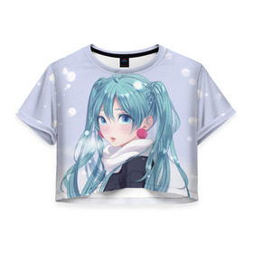 Женская футболка Cropp-top с принтом Hatsune Miku. Winter в Курске, 100% полиэстер | круглая горловина, длина футболки до линии талии, рукава с отворотами | anime | aquamarin | aquamarine | everlasting | hatsune | j pop | miku | projectdiva | singer | snow | summer | vocaloid | аквамарин | аниме | вокалоид | мику | певица | хацуне | хацунэ