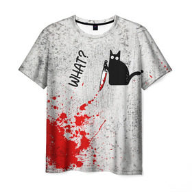 Мужская футболка 3D с принтом What cat в Курске, 100% полиэфир | прямой крой, круглый вырез горловины, длина до линии бедер | Тематика изображения на принте: cat | kitten | knife | what | кот | котёнок | кошка | кровь | нож | что