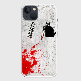 Чехол для iPhone 13 с принтом What cat в Курске,  |  | cat | kitten | knife | what | кот | котёнок | кошка | кровь | нож | что