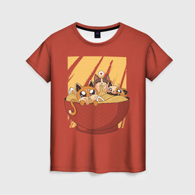 Женская футболка 3D с принтом Котики в Курске, 100% полиэфир ( синтетическое хлопкоподобное полотно) | прямой крой, круглый вырез горловины, длина до линии бедер | cat | kitty | pasta | ramen | кот | котики | коты | кошка | кошки | лапша | рамен | рамэн