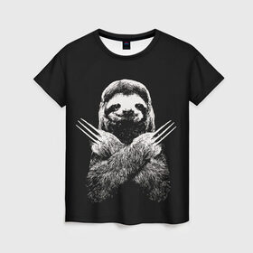 Женская футболка 3D с принтом Slotherine в Курске, 100% полиэфир ( синтетическое хлопкоподобное полотно) | прямой крой, круглый вырез горловины, длина до линии бедер | animals | wolverine | ленивец | росомаха