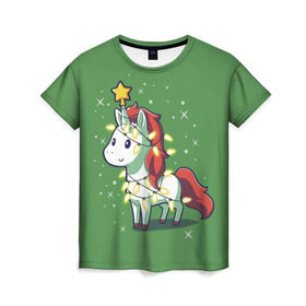 Женская футболка 3D с принтом Magical Unicorn в Курске, 100% полиэфир ( синтетическое хлопкоподобное полотно) | прямой крой, круглый вырез горловины, длина до линии бедер | 202 | christmas | new year | unicorn | гирлянда | единорог | елка | новый год | праздник | рождество