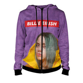 Женская толстовка 3D на молнии с принтом BILLIE EILISH в Курске, 100% полиэстер | длина до линии бедра, манжеты и пояс оформлены мягкой тканевой резинкой, двухслойный капюшон со шнурком для регулировки, спереди молния, по бокам два кармана | bad guy | billie | eilish | ocean eyes | айлиш | билли | девушка | певица | эйлиш