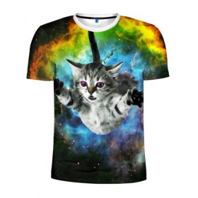 Мужская футболка 3D спортивная с принтом КОСМИЧЕСКИЙ КОТ в Курске, 100% полиэстер с улучшенными характеристиками | приталенный силуэт, круглая горловина, широкие плечи, сужается к линии бедра | Тематика изображения на принте: cat | cats | животные | киса | киска | кот | котики | коты | котэ | кошка | природа
