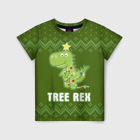 Детская футболка 3D с принтом Tree Rex в Курске, 100% гипоаллергенный полиэфир | прямой крой, круглый вырез горловины, длина до линии бедер, чуть спущенное плечо, ткань немного тянется | Тематика изображения на принте: christmas tree | new year | t rex | tyrannosaurus | динозавр | елка | ель | новый год | свитер | тиранозавр