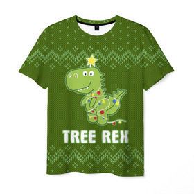 Мужская футболка 3D с принтом Tree Rex в Курске, 100% полиэфир | прямой крой, круглый вырез горловины, длина до линии бедер | christmas tree | new year | t rex | tyrannosaurus | динозавр | елка | ель | новый год | свитер | тиранозавр
