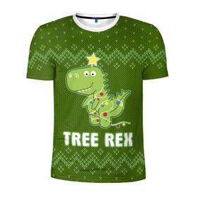Мужская футболка 3D спортивная с принтом Tree Rex в Курске, 100% полиэстер с улучшенными характеристиками | приталенный силуэт, круглая горловина, широкие плечи, сужается к линии бедра | christmas tree | new year | t rex | tyrannosaurus | динозавр | елка | ель | новый год | свитер | тиранозавр