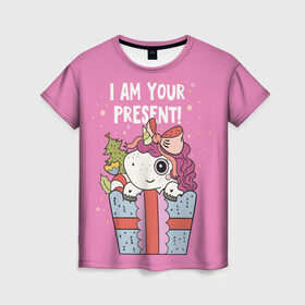 Женская футболка 3D с принтом I am your Present в Курске, 100% полиэфир ( синтетическое хлопкоподобное полотно) | прямой крой, круглый вырез горловины, длина до линии бедер | 202 | christmas | new year | unicorn | гирлянда | единорог | елка | новый год | подарок | праздник | рождество