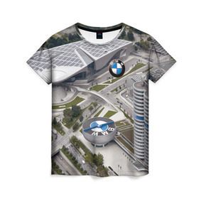 Женская футболка 3D с принтом BMW city в Курске, 100% полиэфир ( синтетическое хлопкоподобное полотно) | прямой крой, круглый вырез горловины, длина до линии бедер | bmw | buildings | city | germany | munich | prestige | бмв | германия | город | здания | мюнхен | престиж