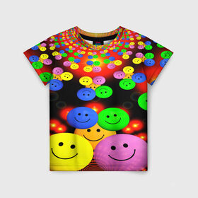 Детская футболка 3D с принтом ЦВЕТНЫЕ СМАЙЛИКИ в Курске, 100% гипоаллергенный полиэфир | прямой крой, круглый вырез горловины, длина до линии бедер, чуть спущенное плечо, ткань немного тянется | emoji | настроение | позитив | смайлики | смайлы | стикеры | текстура смайл | улыбки | фон смайл | эмодзи