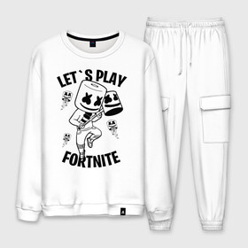 Мужской костюм хлопок с принтом FORTNITE x MARSHMELLO в Курске, 100% хлопок | на свитшоте круглая горловина, мягкая резинка по низу. Брюки заужены к низу, на них два вида карманов: два “обычных” по бокам и два объемных, с клапанами, расположенные ниже линии бедра. Брюки с мягкой трикотажной резинкой на поясе и по низу штанин. В поясе для дополнительного комфорта — широкие завязки | fortnite | fortnite 2 | fortnite x | marshmello | ninja | ninja hyper streamer | ninja streamer | streamer | tyler blevins | маршмелло | ниндзя | фортнайт | фортнайт 2 | фортнайт глава 2