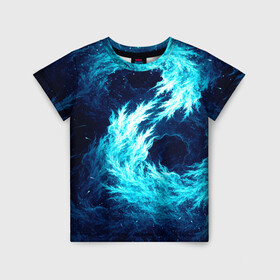 Детская футболка 3D с принтом Abstract fractal blue flame в Курске, 100% гипоаллергенный полиэфир | прямой крой, круглый вырез горловины, длина до линии бедер, чуть спущенное плечо, ткань немного тянется | abstract | colors | dark | flame | fractal | space | абстракция | космос | краски | огонь | пламя | тёмный | фрактал