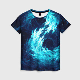Женская футболка 3D с принтом Abstract fractal blue flame в Курске, 100% полиэфир ( синтетическое хлопкоподобное полотно) | прямой крой, круглый вырез горловины, длина до линии бедер | abstract | colors | dark | flame | fractal | space | абстракция | космос | краски | огонь | пламя | тёмный | фрактал