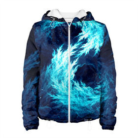 Женская куртка 3D с принтом Abstract fractal blue flame в Курске, ткань верха — 100% полиэстер, подклад — флис | прямой крой, подол и капюшон оформлены резинкой с фиксаторами, два кармана без застежек по бокам, один большой потайной карман на груди. Карман на груди застегивается на липучку | abstract | colors | dark | flame | fractal | space | абстракция | космос | краски | огонь | пламя | тёмный | фрактал
