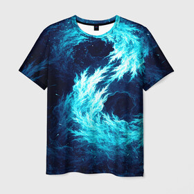 Мужская футболка 3D с принтом Abstract fractal blue flame в Курске, 100% полиэфир | прямой крой, круглый вырез горловины, длина до линии бедер | Тематика изображения на принте: abstract | colors | dark | flame | fractal | space | абстракция | космос | краски | огонь | пламя | тёмный | фрактал
