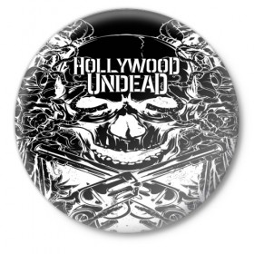 Значок с принтом Hollywood Undead в Курске,  металл | круглая форма, металлическая застежка в виде булавки | been | bloody nose | california | hell | lyrics | music | octone | official | psalms | records | rock | song | to | vevo | video | кранккор | метал | рэп рок | электроник