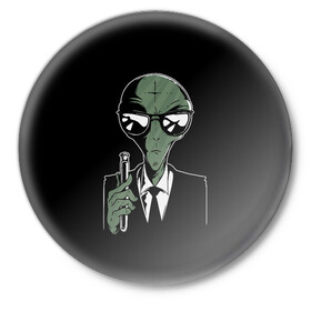 Значок с принтом Пришелец в Черном в Курске,  металл | круглая форма, металлическая застежка в виде булавки | alien | men in black | ufo | инопланетяне | инопланетянин | люди в черном | нло | пришелец | пришельцы