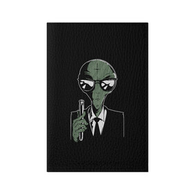 Обложка для паспорта матовая кожа с принтом Пришелец в Черном в Курске, натуральная матовая кожа | размер 19,3 х 13,7 см; прозрачные пластиковые крепления | alien | men in black | ufo | инопланетяне | инопланетянин | люди в черном | нло | пришелец | пришельцы