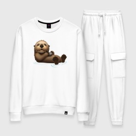 Женский костюм хлопок с принтом Otter emoji в Курске, 100% хлопок | на свитшоте круглая горловина, мягкая резинка по низу. Брюки заужены к низу, на них два вида карманов: два 