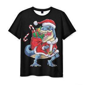 Мужская футболка 3D с принтом Santa dinosaur в Курске, 100% полиэфир | прямой крой, круглый вырез горловины, длина до линии бедер | Тематика изображения на принте: 