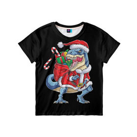 Детская футболка 3D с принтом Santa dinosaur в Курске, 100% гипоаллергенный полиэфир | прямой крой, круглый вырез горловины, длина до линии бедер, чуть спущенное плечо, ткань немного тянется | Тематика изображения на принте: 