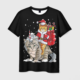 Мужская футболка 3D с принтом Санта и кот единорог в Курске, 100% полиэфир | прямой крой, круглый вырез горловины, длина до линии бедер | Тематика изображения на принте: 
