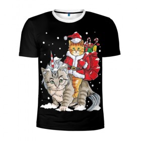 Мужская футболка 3D спортивная с принтом Санта и кот единорог в Курске, 100% полиэстер с улучшенными характеристиками | приталенный силуэт, круглая горловина, широкие плечи, сужается к линии бедра | Тематика изображения на принте: 
