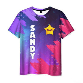 Мужская футболка 3D с принтом BRAWL STARS - SANDY в Курске, 100% полиэфир | прямой крой, круглый вырез горловины, длина до линии бедер | brawl | bull | colt | crow | game | games | leon | online | penny | poco | sandy | shelly | spike | star | stars | wanted | брав | бравл | браво | звезда | звезды | игра | игры | лого | онлайн | сенди | старс | сэнди